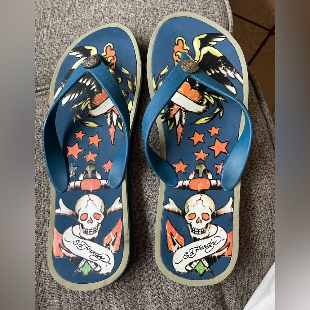 Ed Hardy Blue rubber beach Thong Flip flops skull eagle Stars graphics Logo 13